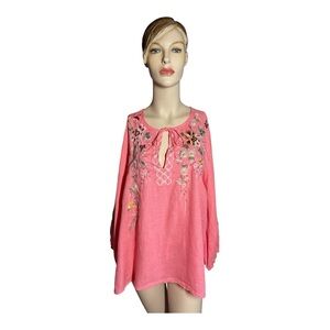 Johnny Was Coral Embroidered Long Sleeve Linen Boho Top, (239)‎